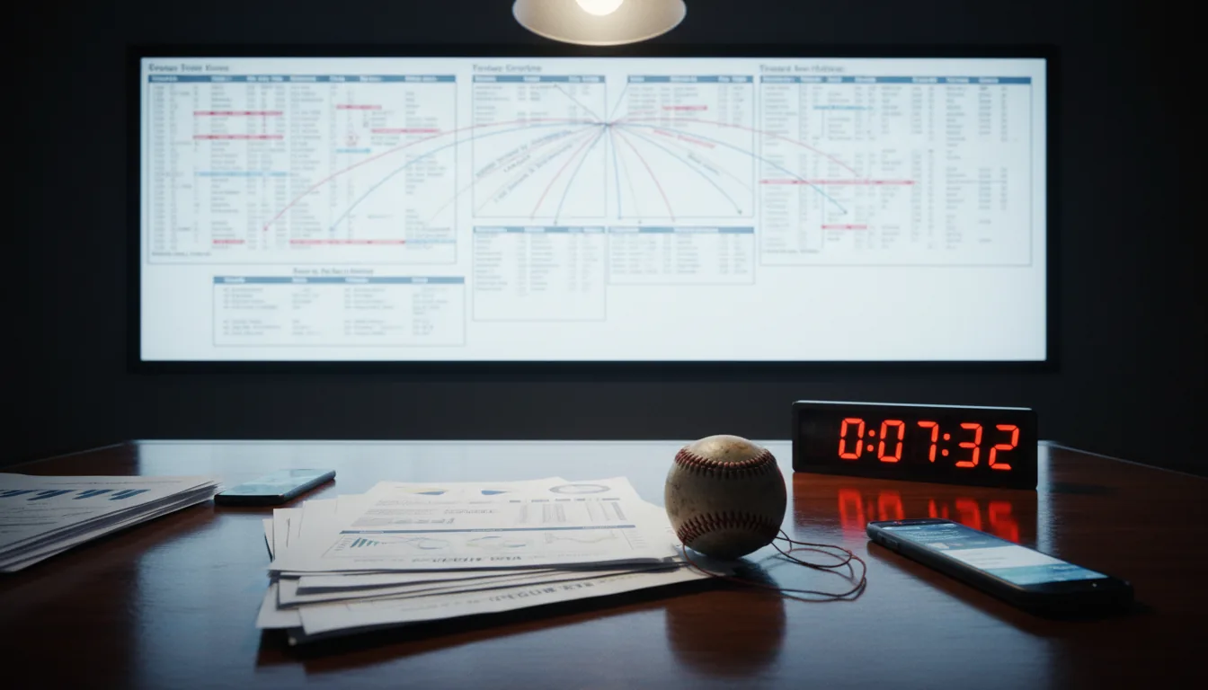 A darkened baseball front-office war room: a worn baseball and a red trade-deadline countdown clock on a conference table, with team standings and trade-target boards glowing on the screen behind.